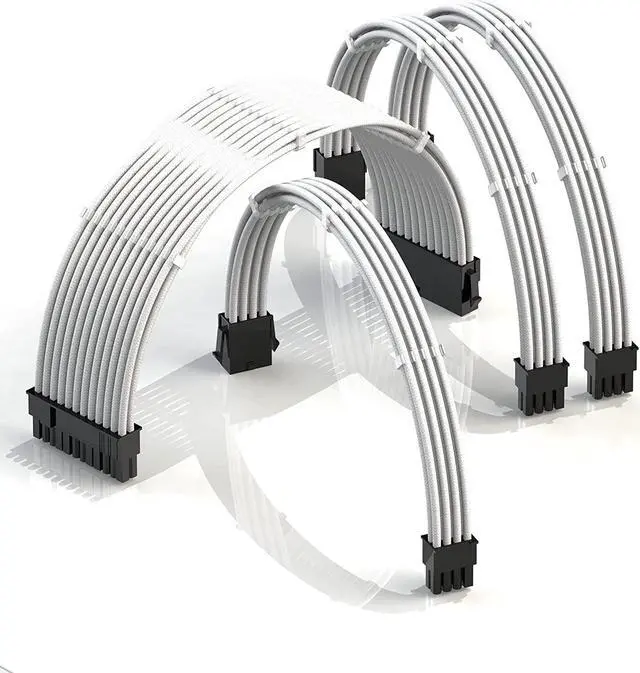 Main image of LINKUP - AVA 30cm PSU Cable Extension Sleeved Custom Mod GPU PC Braided w/Comb Kit | 1 x 24 P (20+4) | 1 x 8 P (4+4) CPU | 2 x 8 P (6+2) GPU Set | 300mm - White