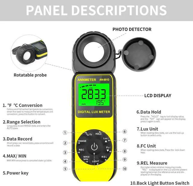 Alt view image 4 of 7 - Digital Lux/Foot Candle Light Meter, Illuminance Lumen Tester 0.01~400,000 Lux, Handheld Luxometro AI-881D for LED Plant Grow Lighting, Luxmeter w/Data Logging & Rotatable Detector