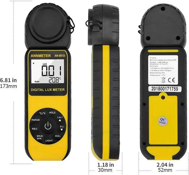 Alt view image 5 of 7 - Digital Lux/Foot Candle Light Meter, Illuminance Lumen Tester 0.01~400,000 Lux, Handheld Luxometro AI-881D for LED Plant Grow Lighting, Luxmeter w/Data Logging & Rotatable Detector