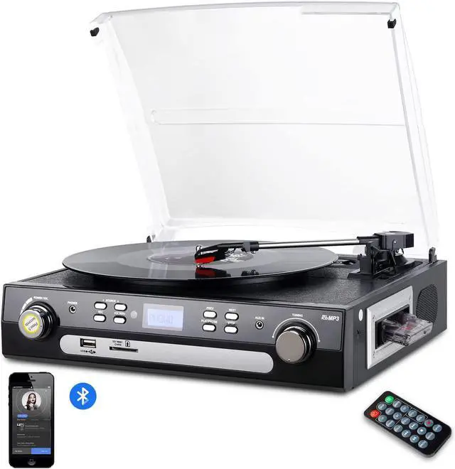 Main image of Bluetooth Record Player with Stereo Speakers, Turntable for Vinyl to MP3 with Cassette Play, AM/FM Radio, Remote Control, USB/SD Encoding, 3.5mm Music Output Jack(Black)