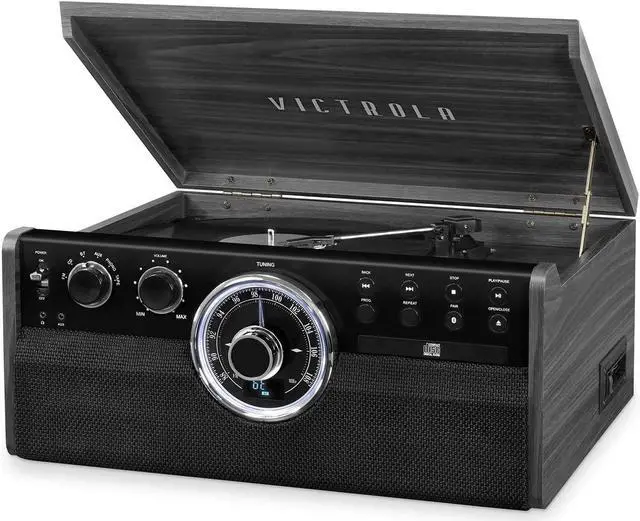 Alt view image 8 of 10 - Victrola 6-in-1 Wood Bluetooth Mid Century Record Player with 3-Speed Turntable, CD, Cassette Player and Radio