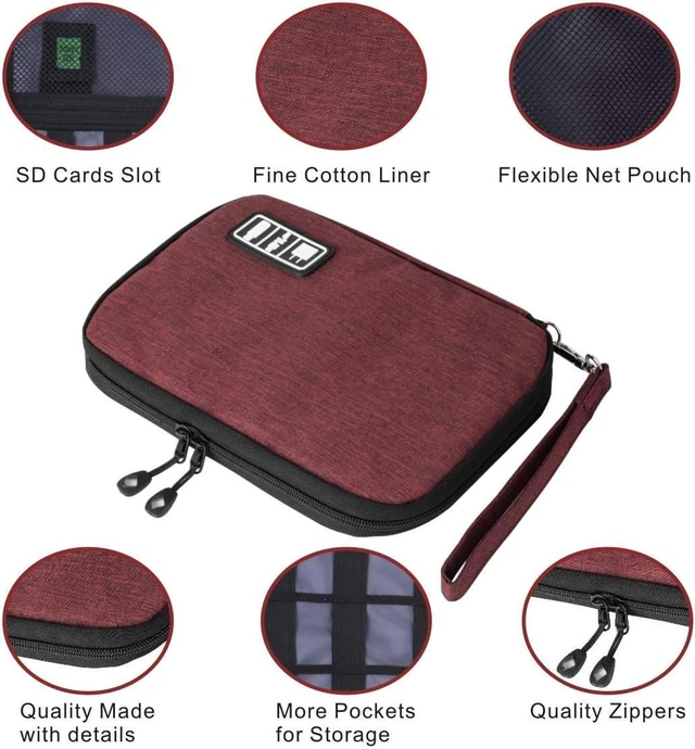 Alt view image 7 of 7 - Travel Cable Organizer Bag Waterproof Portable Electronic Accessories Organizer for USB Cable Cord Phone Charger Headset Wire SD Card with 5pcs Cable Ties(Red)