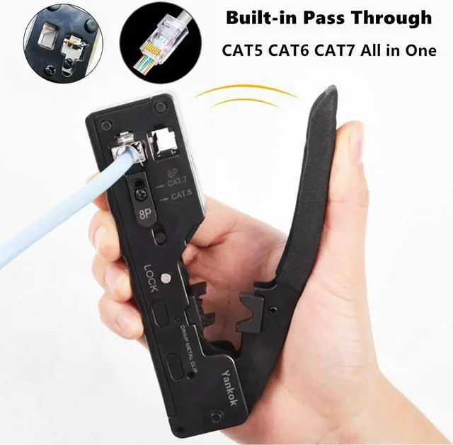 Alt view image 3 of 7 - Yankok [CAT5 CAT6 CAT7 Pass Through Crimper] for EZ-RJ45 and Standard RJ45 RJ12 RJ11 Connectors CAT6a Shielded Modular Plugs (Black Handle. Come with Carry Pouch and Mini Punch Down Tool)