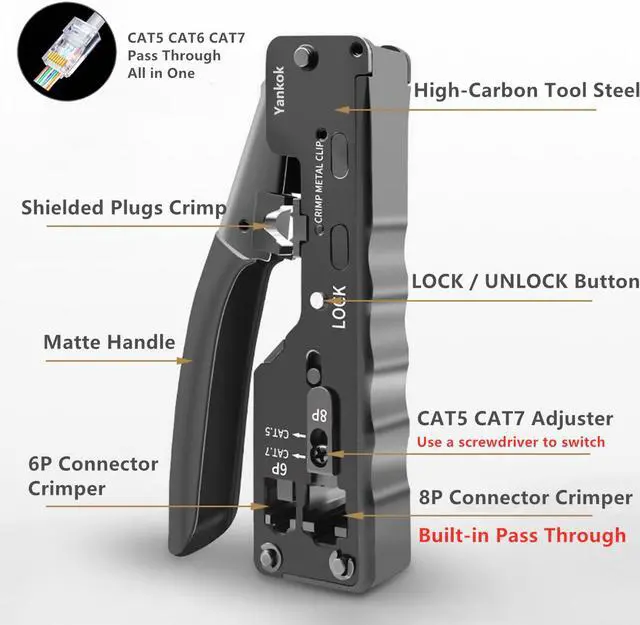Alt view image 2 of 7 - Yankok [CAT5 CAT6 CAT7 Pass Through Crimper] for EZ-RJ45 and Standard RJ45 RJ12 RJ11 Connectors CAT6a Shielded Modular Plugs (Black Handle. Come with Carry Pouch and Mini Punch Down Tool)