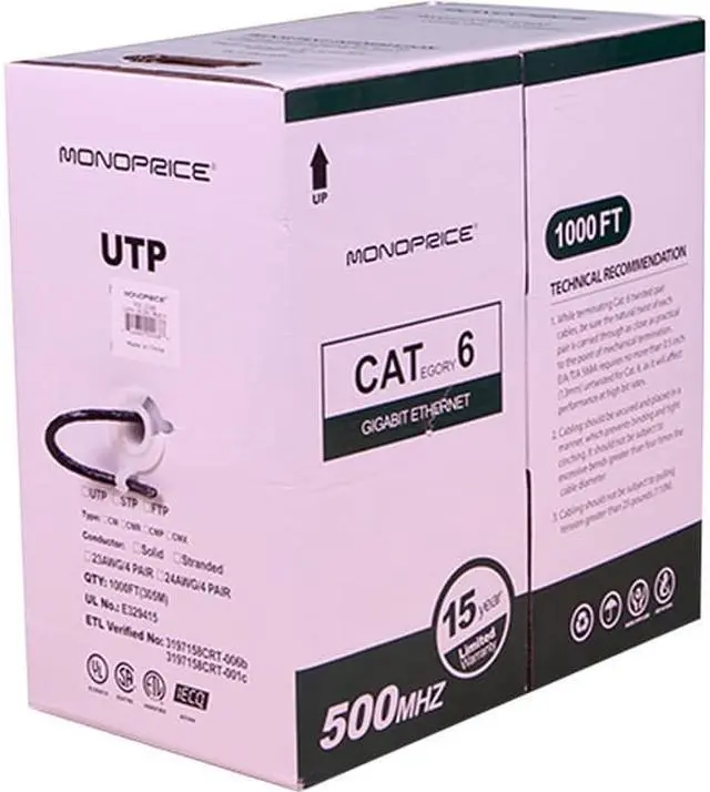 Alt view image 4 of 5 - Monoprice Cat6 Ethernet Bulk Cable - Network Internet Cord - Stranded, 550Mhz, UTP, CM, Pure Bare Copper Wire, 24AWG, 1000ft, Black