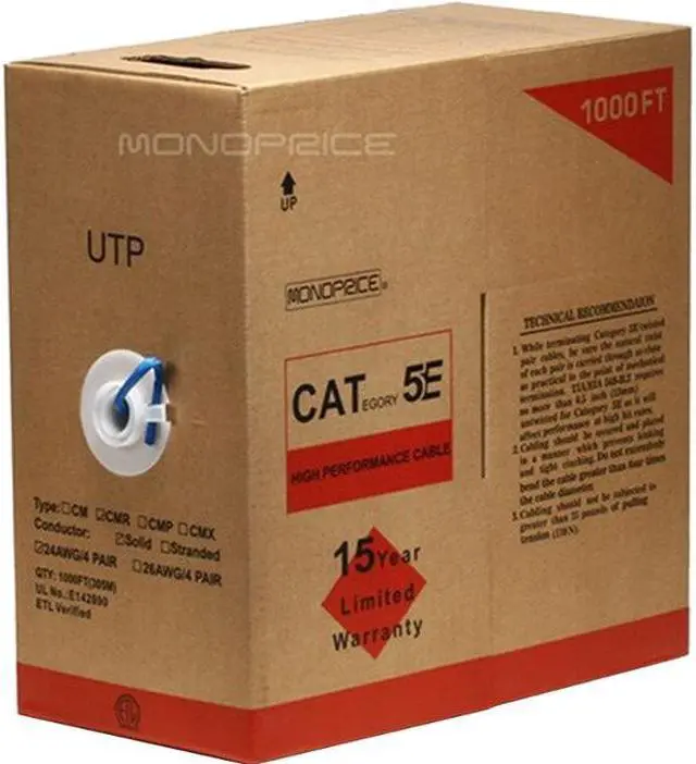 Main image of Monoprice Cat5e Ethernet Bulk Cable - Network Internet Cord - Solid, 350Mhz, UTP, CMR, Riser Rated,  Pure Bare Copper Wire, 24AWG, 1000ft, Blue