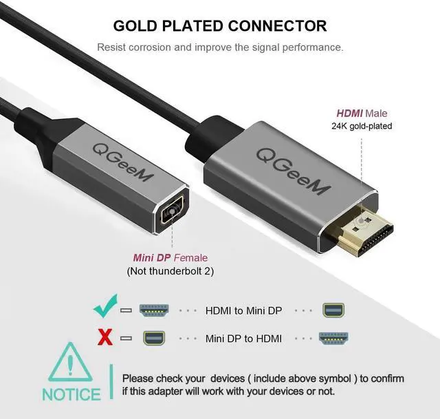 Alt view image 3 of 7 - HDMI to Mini DisplayPort Converter Adapter Cable,QGeeM 20Cm 4K x 2K HDMI to Mini DP Adaptor for HDMI Equipped Systems,Compliant with VESA Dual-Mode DisplayPort 1.2, HDMI 1.4 and HDCP