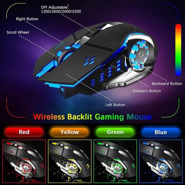 Alt view image 4 of 7 - Wireless gaming Keyboard and Mouse,Rainbow Backlit Rechargeable Keyboard Mouse with 3800mAh Battery Metal Panel,Removable Hand Rest Mechanical Feel Keyboard and 7 Color Gaming Mute Mouse for PC Gamers