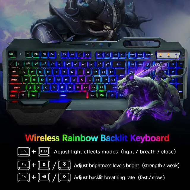 Alt view image 2 of 7 - Wireless gaming Keyboard and Mouse,Rainbow Backlit Rechargeable Keyboard Mouse with 3800mAh Battery Metal Panel,Removable Hand Rest Mechanical Feel Keyboard and 7 Color Gaming Mute Mouse for PC Gamers