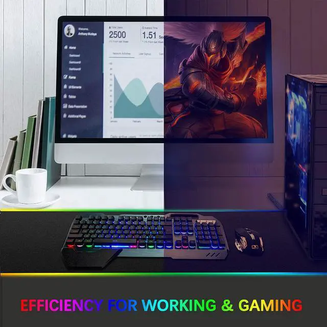Alt view image 5 of 7 - Wireless gaming Keyboard and Mouse,Rainbow Backlit Rechargeable Keyboard Mouse with 3800mAh Battery Metal Panel,Removable Hand Rest Mechanical Feel Keyboard and 7 Color Gaming Mute Mouse for PC Gamers