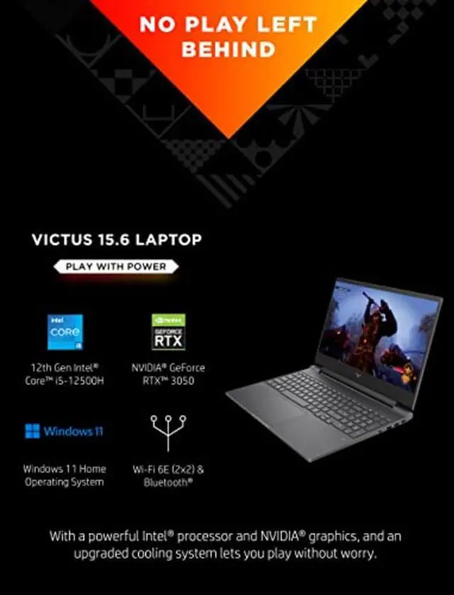 Alt view image 4 of 6 - HP Victus 15-fa0000 Laptop (2023) | 15.6" 1920x1080 FHD | Core i5 - 12450H - 512GB SSD Hard Drive - 16GB RAM - Nvidia GeForce GTX 1650 | 8 cores @ 4.40 GHz - 4GB GDDR5 Win 11 Home Black
