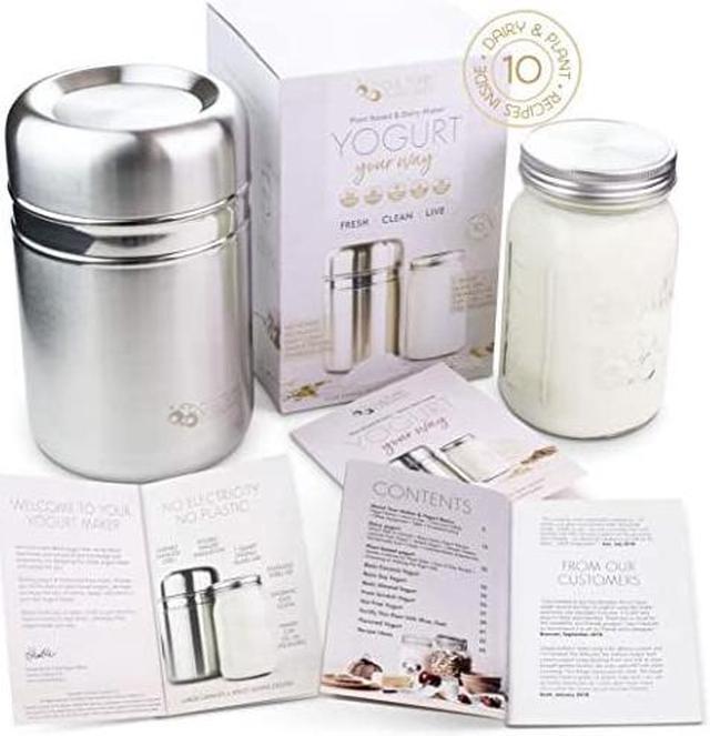 Stainless Steel Yogurt Maker with 1 Quart Glass Jar and Complete Recipe Book to Make 12+ Easy Homemade Dairy Free and Milk Yogurts