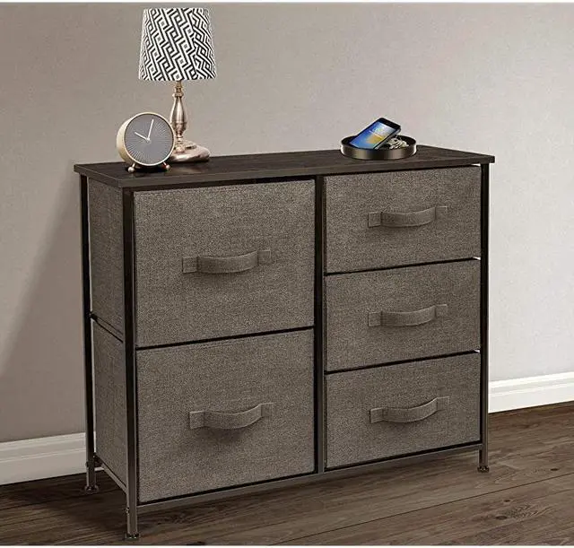 Alt view image 3 of 5 - Dresser with 5 Drawers - Furniture Storage Tower Unit for Bedroom, Hallway, Closet, Office Organization - Steel Frame, Wood Top, Easy Pull Fabric Bins (Brown)