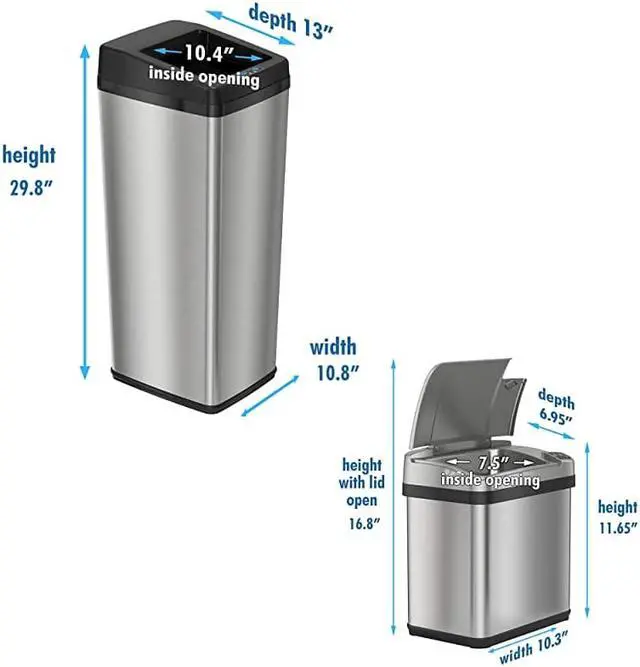 Alt view image 6 of 6 - 14 Gallon and 2.5 Gallon Sensor Trash Cans with AbsorbX Odor Control System, Kitchen and Bathroom Automatic Garbage Bins, Combo, Stainless Steel/Stainless Steel