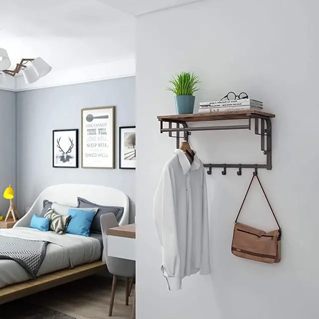 Alt view image 2 of 7 - Wall-Mounted Coat Rack, Wall Hook Rack with Hanging Rail, 5 Removable Hooks, Storage Shelf, for Entryway, Bathroom, Living Room, Rustic Brown and Bronze ULCR13AX