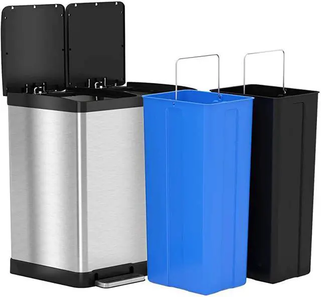 Alt view image 4 of 6 - 16 Gallon Kitchen Dual Step Trash Can & Recycle Bin, Stainless Steel, includes 2 x 8 Gallon (30L) Removable Inner Buckets, Soft Close Lid and Airtight, for Home, Office, Business