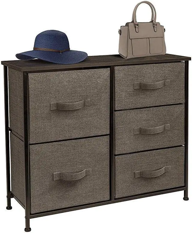 Alt view image 4 of 5 - Dresser with 5 Drawers - Furniture Storage Tower Unit for Bedroom, Hallway, Closet, Office Organization - Steel Frame, Wood Top, Easy Pull Fabric Bins (Brown)