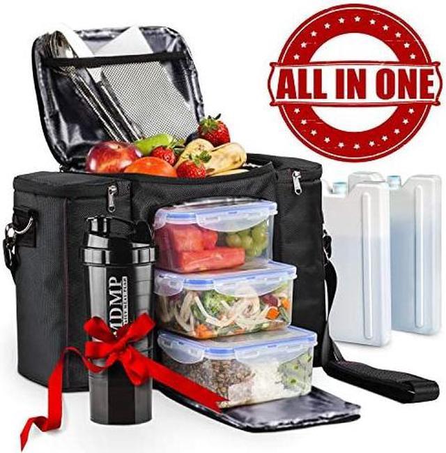 Prep Lunch Bag / Box For Men, Women + 3 Large Food Containers (45 Oz.) + 2  Big Reusable Ice Packs + Shoulder Strap + Shaker With Storage. Insulated  Lunchbox Cooler Portion Control Set (Black) 