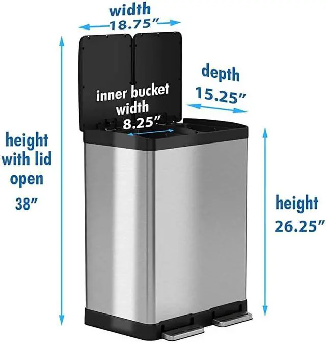 Alt view image 6 of 6 - 16 Gallon Kitchen Dual Step Trash Can & Recycle Bin, Stainless Steel, includes 2 x 8 Gallon (30L) Removable Inner Buckets, Soft Close Lid and Airtight, for Home, Office, Business
