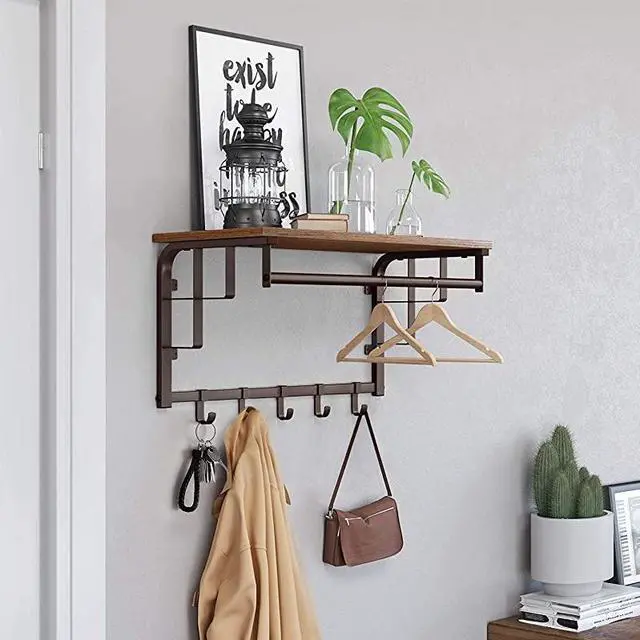 Alt view image 3 of 7 - Wall-Mounted Coat Rack, Wall Hook Rack with Hanging Rail, 5 Removable Hooks, Storage Shelf, for Entryway, Bathroom, Living Room, Rustic Brown and Bronze ULCR13AX