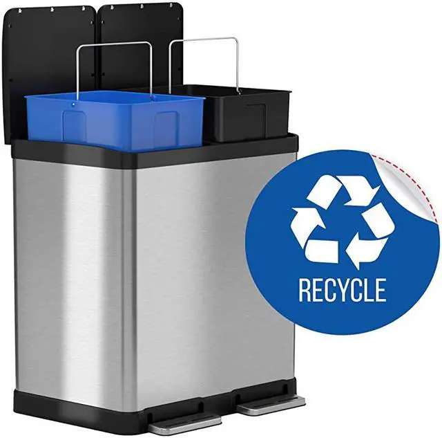 Main image of 16 Gallon Kitchen Dual Step Trash Can & Recycle Bin, Stainless Steel, includes 2 x 8 Gallon (30L) Removable Inner Buckets, Soft Close Lid and Airtight, for Home, Office, Business