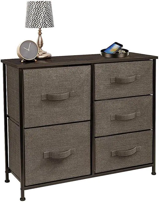Alt view image 2 of 5 - Dresser with 5 Drawers - Furniture Storage Tower Unit for Bedroom, Hallway, Closet, Office Organization - Steel Frame, Wood Top, Easy Pull Fabric Bins (Brown)