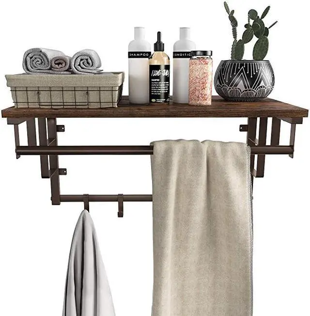 Alt view image 5 of 7 - Wall-Mounted Coat Rack, Wall Hook Rack with Hanging Rail, 5 Removable Hooks, Storage Shelf, for Entryway, Bathroom, Living Room, Rustic Brown and Bronze ULCR13AX