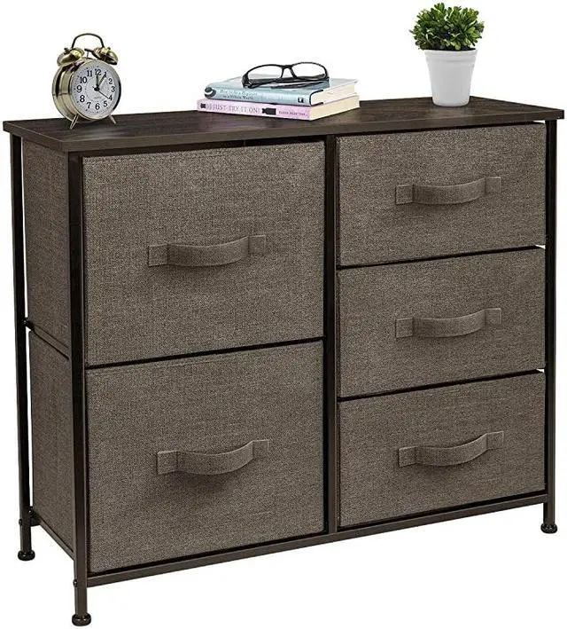 Main image of Dresser with 5 Drawers - Furniture Storage Tower Unit for Bedroom, Hallway, Closet, Office Organization - Steel Frame, Wood Top, Easy Pull Fabric Bins (Brown)