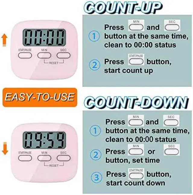 Alt view image 3 of 7 - Kitchen Timer for Cooking, Digital Timer for Kids, Egg Timer, Magnetic Stopwatch Clock Timer for Classroom, Teacher, Study, Exercise, Oven, Baking, Desk - AAA Battery Included - 2 Pack