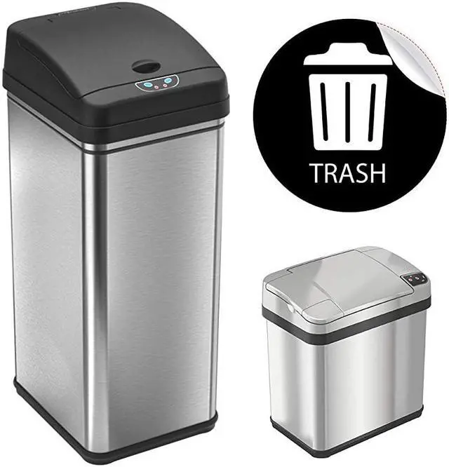 Main image of 13 Gallon and 2.5 Gallon Automatic Touchless Sensor Kitchen Cans with Odor Control System, Stainless Steel, Includes 1 Waterproof Reusable “TRASH” Vinyl Sticker