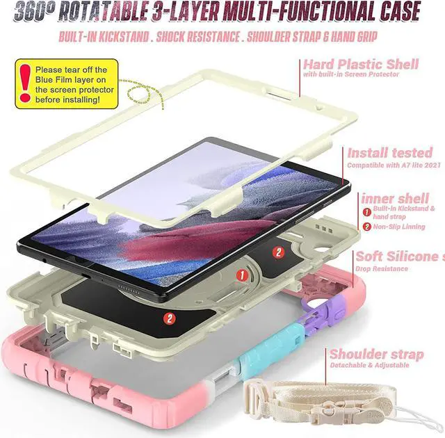 Alt view image 6 of 6 - Tab A7 Lite 2021 Case SM-T225/T220 for Girls Kids with Screen Protector | Impact Resistant Drop Protection Rubber Case W/360° Kickstand Hand Strap Shoulder Strap for Samsung Galaxy Tab A7 Lite