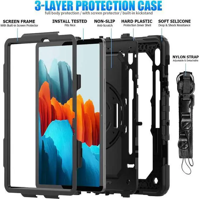 Alt view image 6 of 6 - Samsung Galaxy Tab S7/S8 Case 11 Inch |  Tab S7/S8 Case with Pen Holder Screen Protector | Heavy Duty Shockproof Rugged Silcone Protective Cover W/Stand Shoulder Strap for Samsung S8/S7 | Black