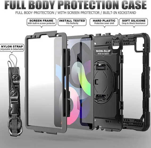 Alt view image 6 of 6 - iPad Air 5 Case 2022/ iPad Air 4 Case with Screen Protector Pencil Holder |  iPad 10.9 Case | Three Layer Rubber Protection Cover W/Hand Strap for iPad Air 4th/5th Gen iPad Pro 11 2020/2018