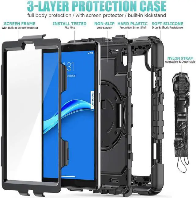 Alt view image 6 of 6 - Case for Lenovo Tab M8 HD TB-8505F TB-8505X / Smart Tab M8 TB-8505FS/ Tab M8 FHD TB-8705F with Pen Holder Screen Protector | Three Layer Durable Rubber Case W/Stand Hand Strap Shoulder Strap