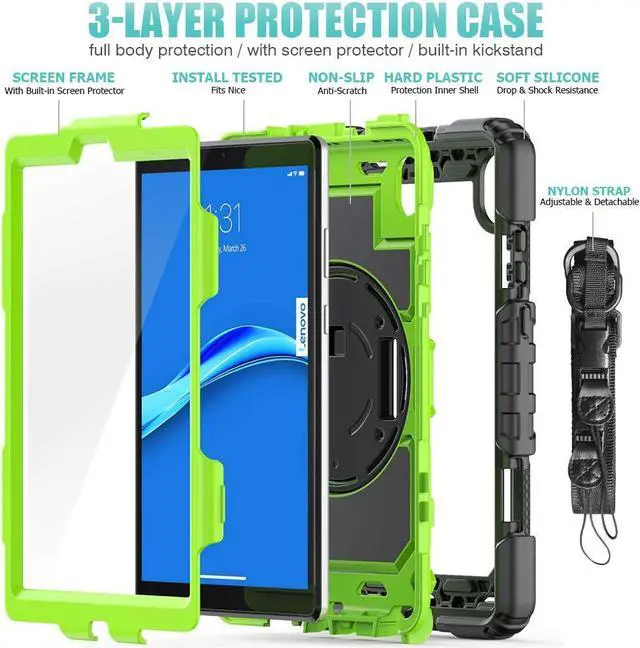 Alt view image 6 of 6 - Case for Lenovo Tab M8 8.0 inch with Screen Protector |  Full-Body Heavy Duty Rubber Case W/Rotating Stand Hand Strap Shoulder Strap for Lenovo Tab M8 TB-8505F/8505X/8505FS/8705F | Green