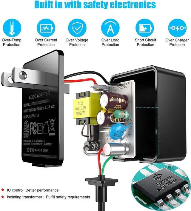 Alt view image 2 of 7 - 12V 1A AC Adapter Charger Replacement w/8 Tips Regulated Power Supply Cord for LED Strip Light CCTV Camera BT Speaker GPS Webcam Router DC12V Transformer with ETL Certificate