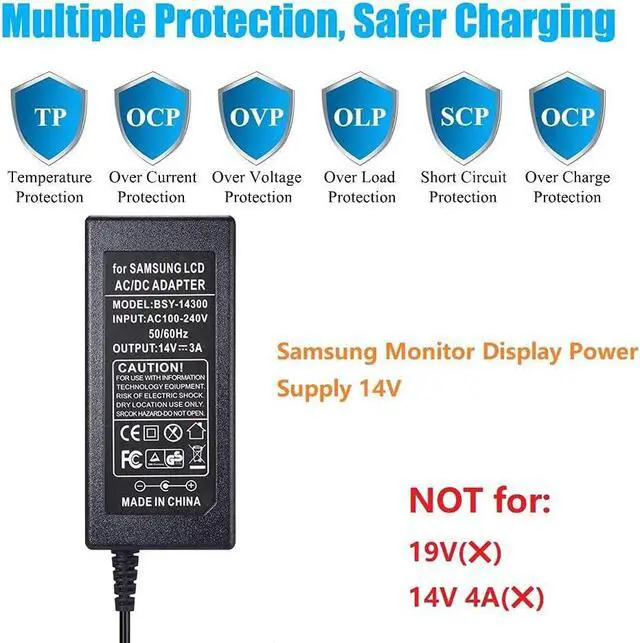Alt view image 4 of 6 - 14V Power Cord for Samsung Monitor, SoulBay 14V 3A AC Adapter Charger for Samsung SyncMaster 15" 17" 18" 19" 20" 22" 23" 24" 27" Screen TFT LED LCD Monitor TV Notebook Power Supply - OEM