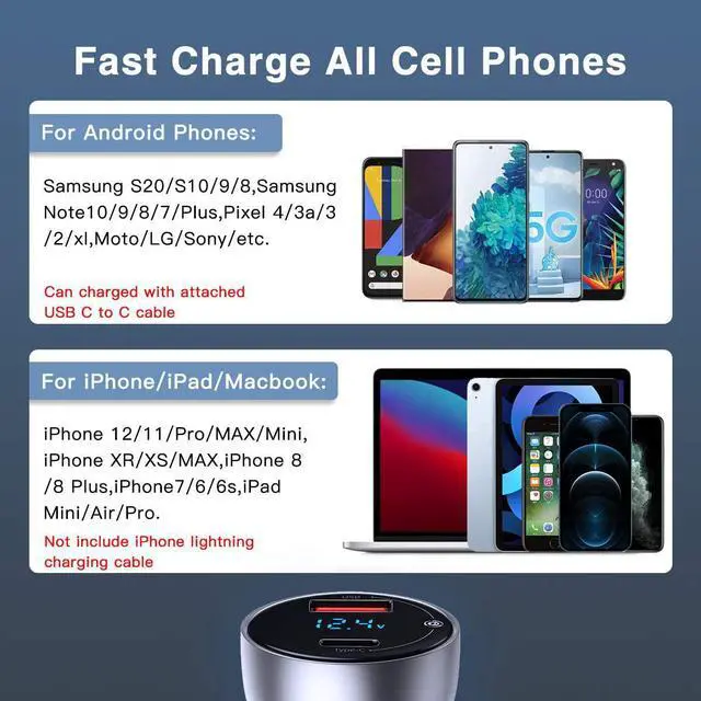 Alt view image 3 of 6 - USB C Car Charger, Baseus 65W Metal Fast USB Car Charger, PD3.0 & QC4.0 Dual Port Car Adapter with LED Display for USB-C Laptop, MacBook, iPhone 12/12 Pro/Max/12 Mini/11, Galaxy S20, iPad Pro - CCKX