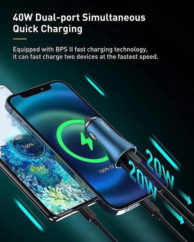 Alt view image 2 of 7 - USB C Car Charger Baseus 40W iPhone 13 Car Charger, PD&QC 3.0 Dual Port USB C Cigarette Lighter Car Charger Adapter with LED Display, Compatible with iPhone 13 Pro Max Mini 12 11 Galaxy S20 iPad-Blue