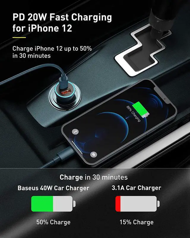 Alt view image 3 of 7 - USB C Car Charger Baseus 40W iPhone 13 Car Charger, PD&QC 3.0 Dual Port USB C Cigarette Lighter Car Charger Adapter with LED Display, Compatible with iPhone 13 Pro Max Mini 12 11 Galaxy S20 iPad-Blue