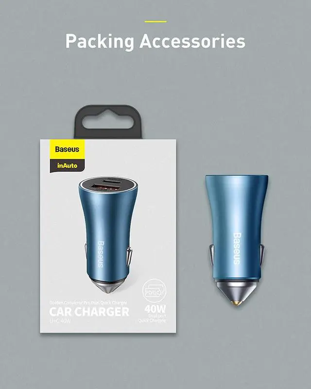 Alt view image 7 of 7 - USB C Car Charger Baseus 40W iPhone 13 Car Charger, PD&QC 3.0 Dual Port USB C Cigarette Lighter Car Charger Adapter with LED Display, Compatible with iPhone 13 Pro Max Mini 12 11 Galaxy S20 iPad-Blue