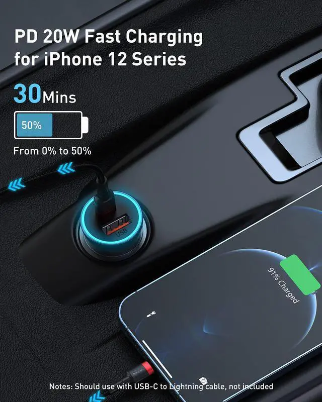 Alt view image 2 of 6 - USB C Car Charger Baseus 40W iPhone 13 Car Charger, PD&QC 3.0 Dual Port USB C Cigarette Lighter Car Charger Adapter with LED Display, Compatible with iPhone 13 Pro Max Mini 12 11 Galaxy S20 iPad Pro