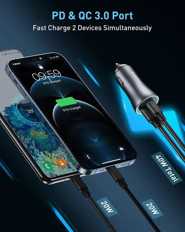 Alt view image 3 of 6 - USB C Car Charger Baseus 40W iPhone 13 Car Charger, PD&QC 3.0 Dual Port USB C Cigarette Lighter Car Charger Adapter with LED Display, Compatible with iPhone 13 Pro Max Mini 12 11 Galaxy S20 iPad Pro