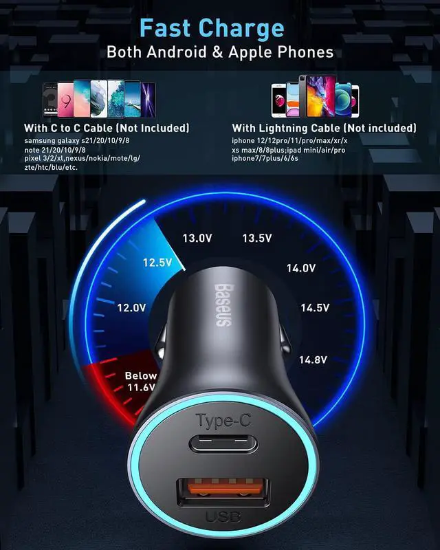 Alt view image 6 of 6 - USB C Car Charger Baseus 40W iPhone 13 Car Charger, PD&QC 3.0 Dual Port USB C Cigarette Lighter Car Charger Adapter with LED Display, Compatible with iPhone 13 Pro Max Mini 12 11 Galaxy S20 iPad Pro