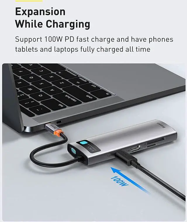 Alt view image 3 of 7 - Baseus 8-in-1 USB C Hub and 100W USB C Cable