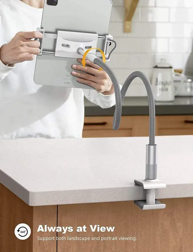 Alt view image 2 of 7 - Gooseneck Tablet Holder Tablet Stand : Flexible Arm Clip Tablet Mount Compatible with iPad Mini Pro Air Switch Galaxy Tabs More 4.7-10.5 Devices - Gray