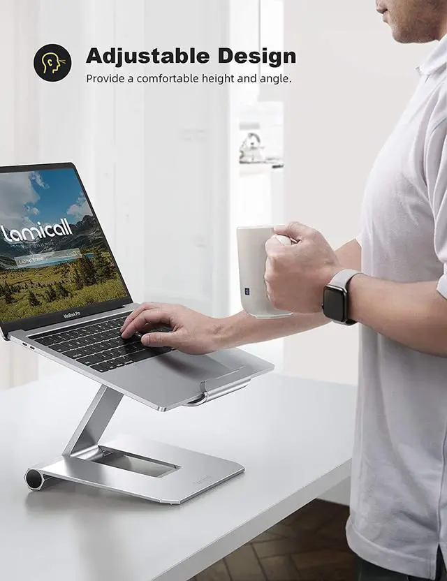 Alt view image 2 of 7 - Lamicall Laptop Stand, Adjustable Notebook Riser - Foldable Portable Ergonomic Computer Desktop Laptop Holder for Desk, Compatible with MacBook Air Pro, Dell XPS, HP (10-17") - Silver