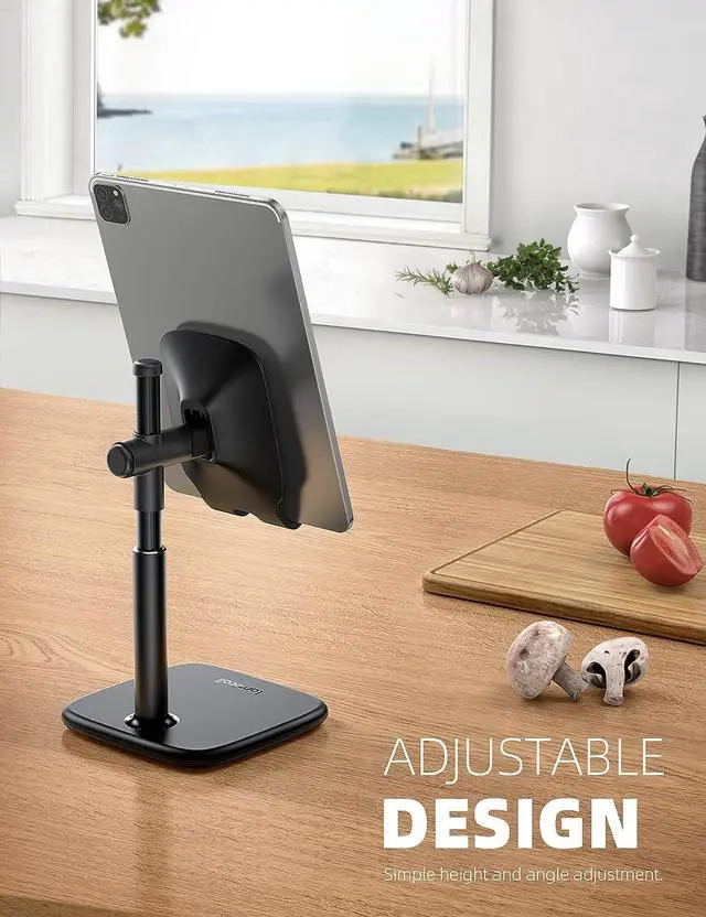 Alt view image 2 of 7 - Lamicall Tablet Stand, Height Adjustable - Tablet Holder Cradle for Desk, Heavy Base Desktop Tablet Dock Mount, Stand for iPad Pro, Mini, Air, Tabs, Kindle, iPhone 13 and 4-12.9" Phone & Tablet, Black