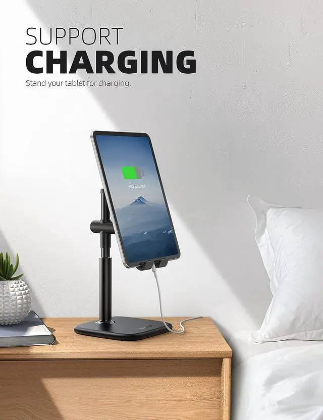 Alt view image 3 of 7 - Lamicall Tablet Stand, Height Adjustable - Tablet Holder Cradle for Desk, Heavy Base Desktop Tablet Dock Mount, Stand for iPad Pro, Mini, Air, Tabs, Kindle, iPhone 13 and 4-12.9" Phone & Tablet, Black