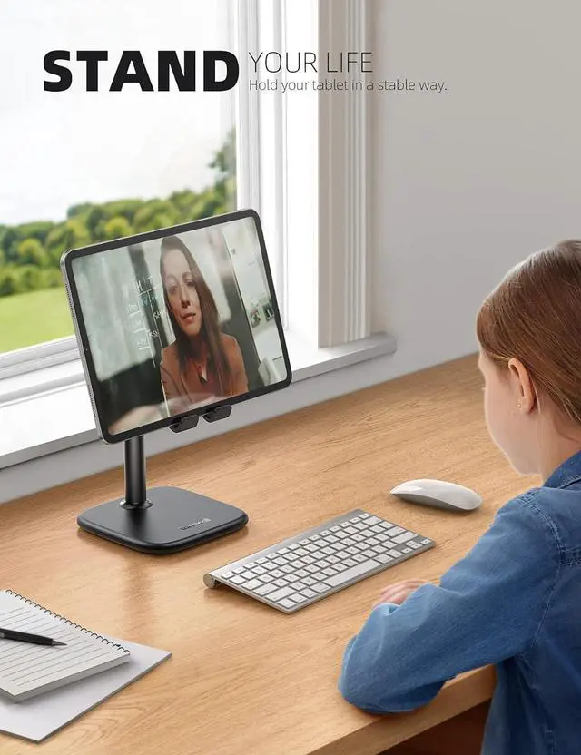 Alt view image 4 of 7 - Lamicall Tablet Stand, Height Adjustable - Tablet Holder Cradle for Desk, Heavy Base Desktop Tablet Dock Mount, Stand for iPad Pro, Mini, Air, Tabs, Kindle, iPhone 13 and 4-12.9" Phone & Tablet, Black